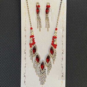 Sparkling Bridal Prom SET Necklace & Earrings Clear & Red Rhinestones